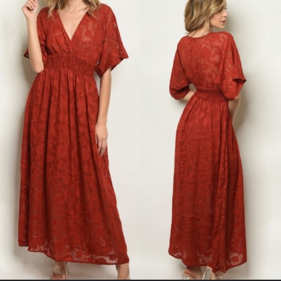 Romantic Boho Cottagecore lace maxi kimono dress rust red XS floral - Picture 1 of 14
